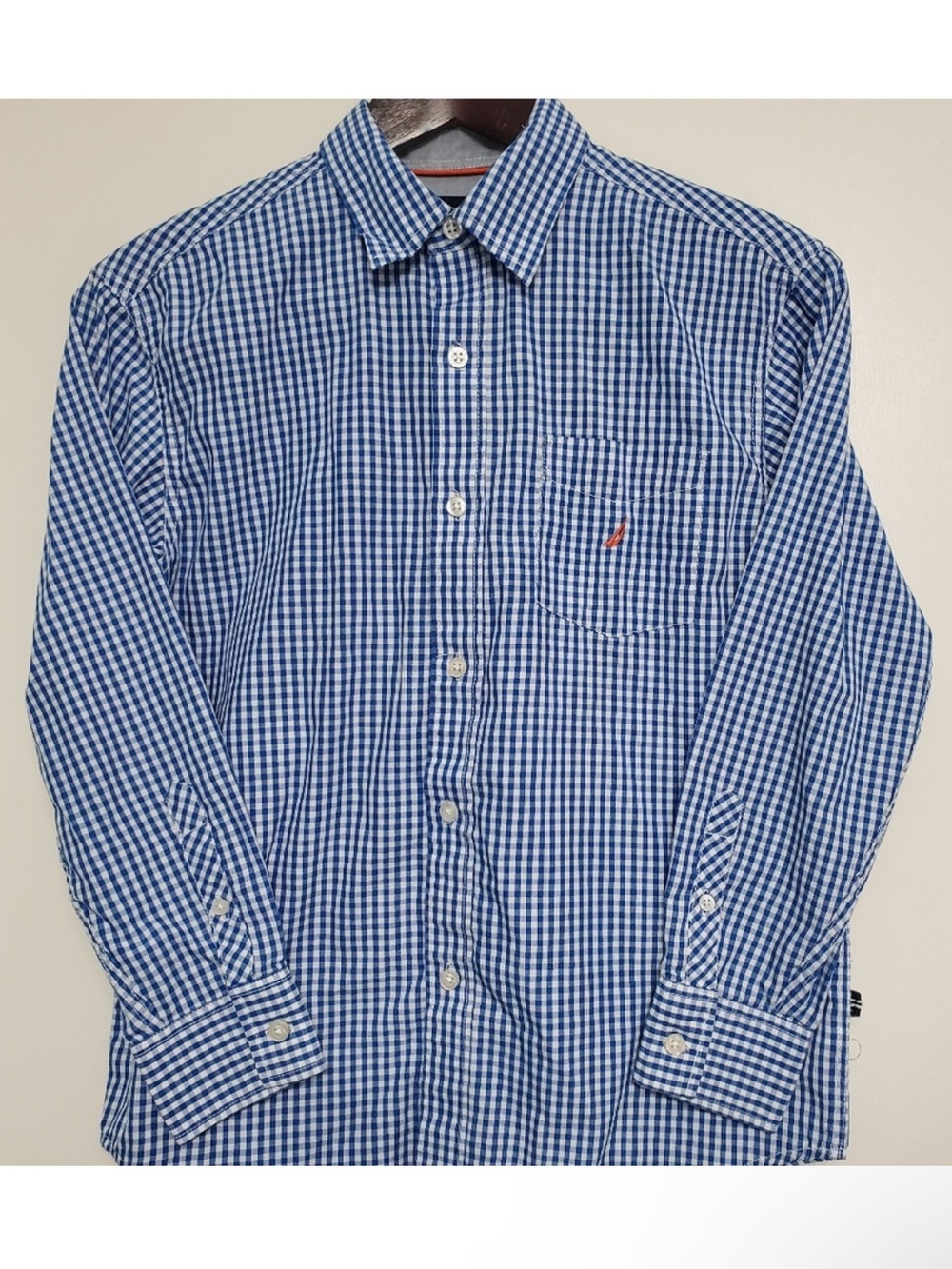 Nautica Kids Boys Blue White Plaid Gingham Long Sleeve Button Down Dress Shirt M